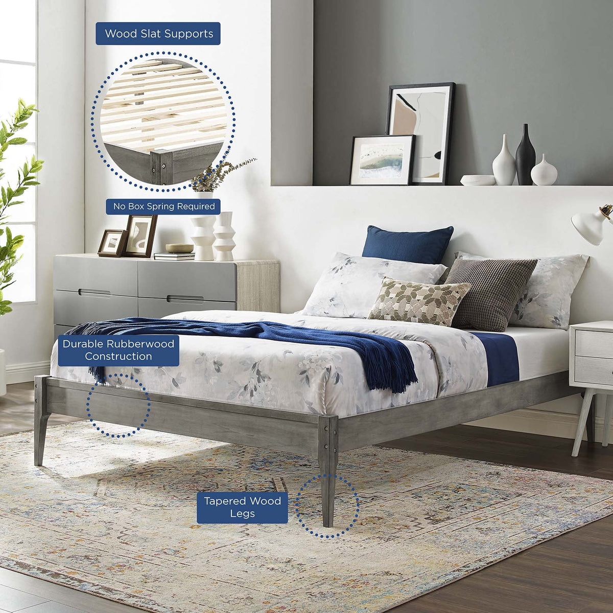 Full Size Grey Wood Platform Bed Frame E2380