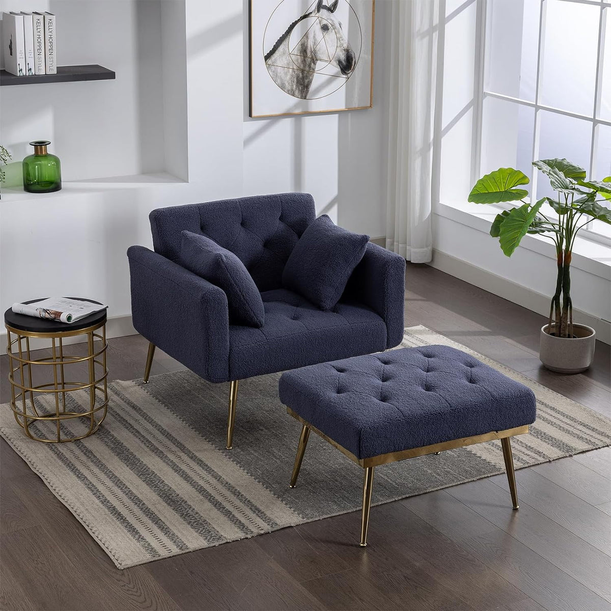 Blue Tufted Chaise Lounge Chair with Ottoman L47072