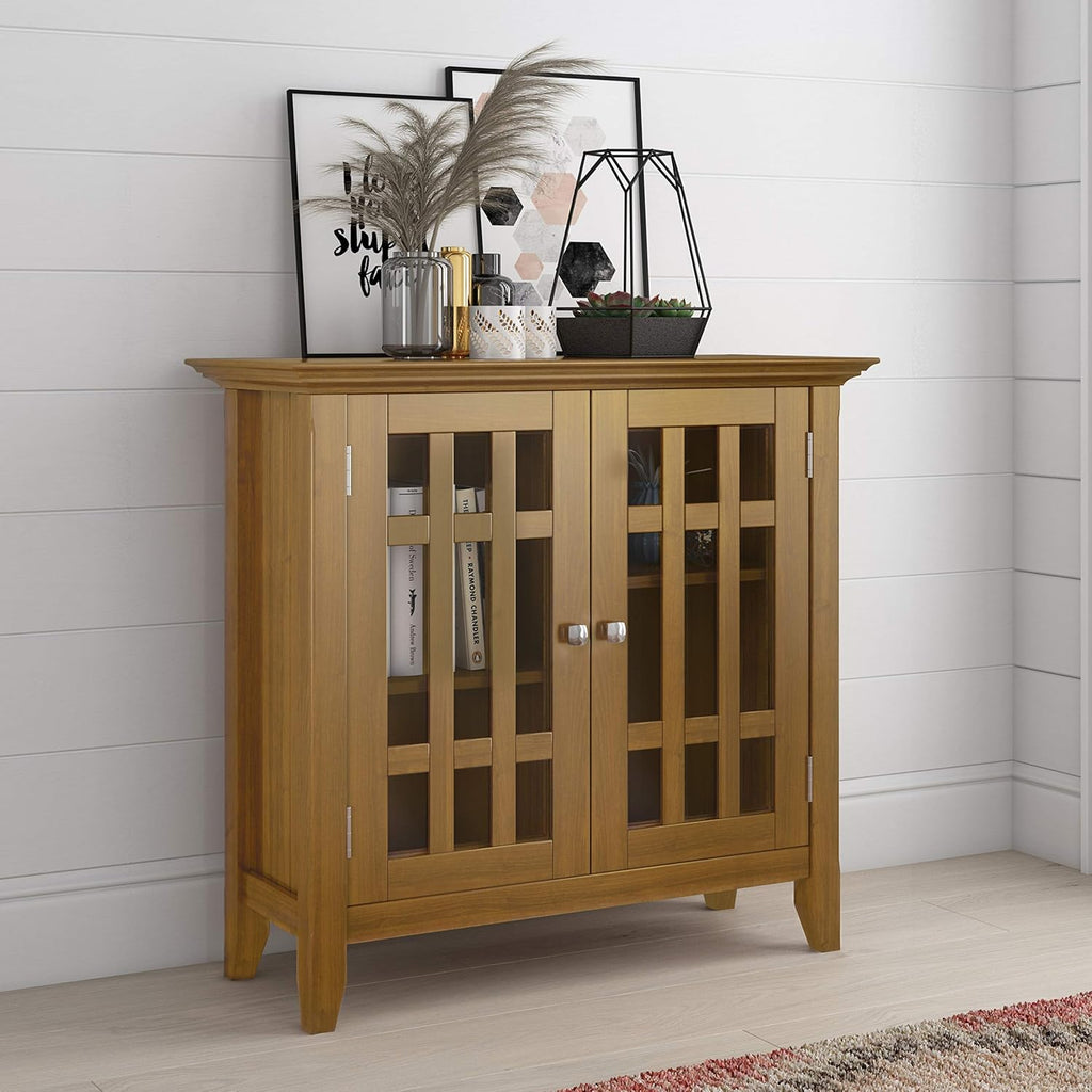 Solid Wood 32 inch Low Storage Media Cabinet with 2 Tempered Glass Doors Z593821