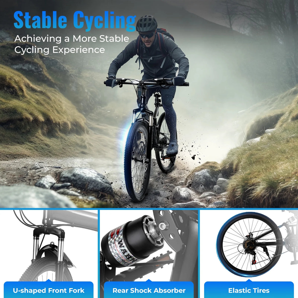 26 Inch 21 Speed Folding Mountain Bike Full Suspension Dual Disc Brakes Black I9483