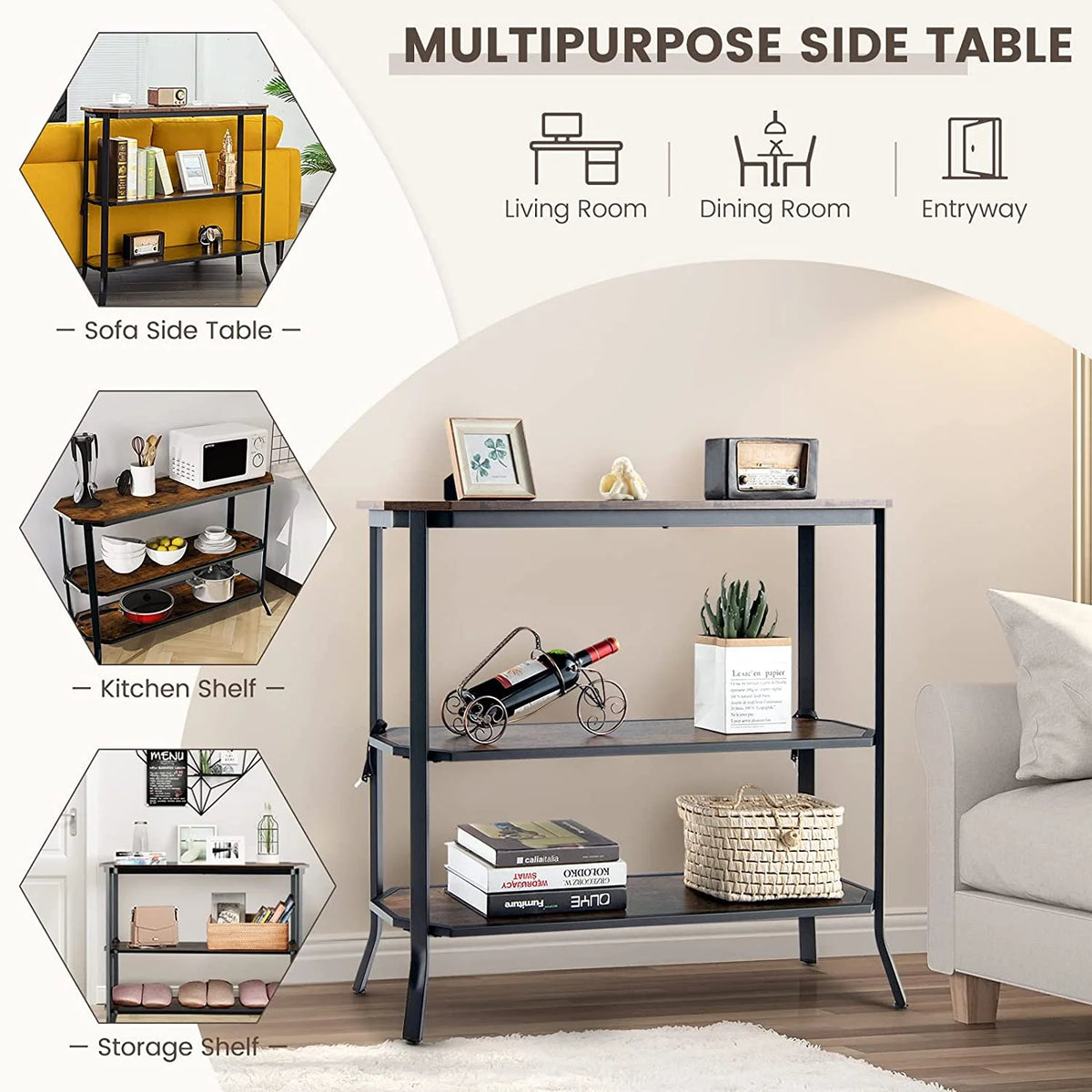 Industrial 3-Tier Narrow Console Table with Open Shelves T877567