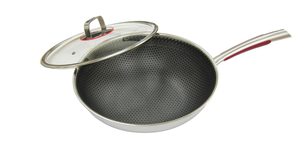 32cm Non Stick 3-ply Stainless Steel Wok with Glass Lid Z5997