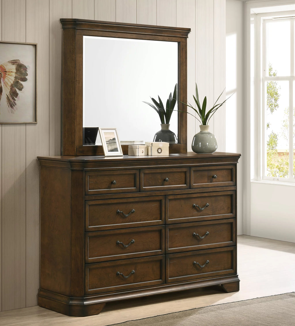 Queen Wood Panel Bed with Dresser, Mirror, Nightstand O320