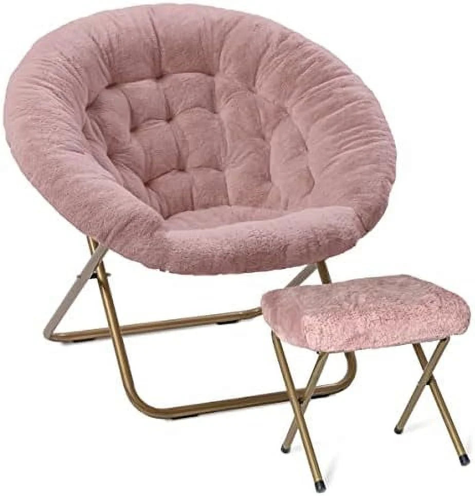 Pink Faux Fur Saucer Chair with Ottoman Y555