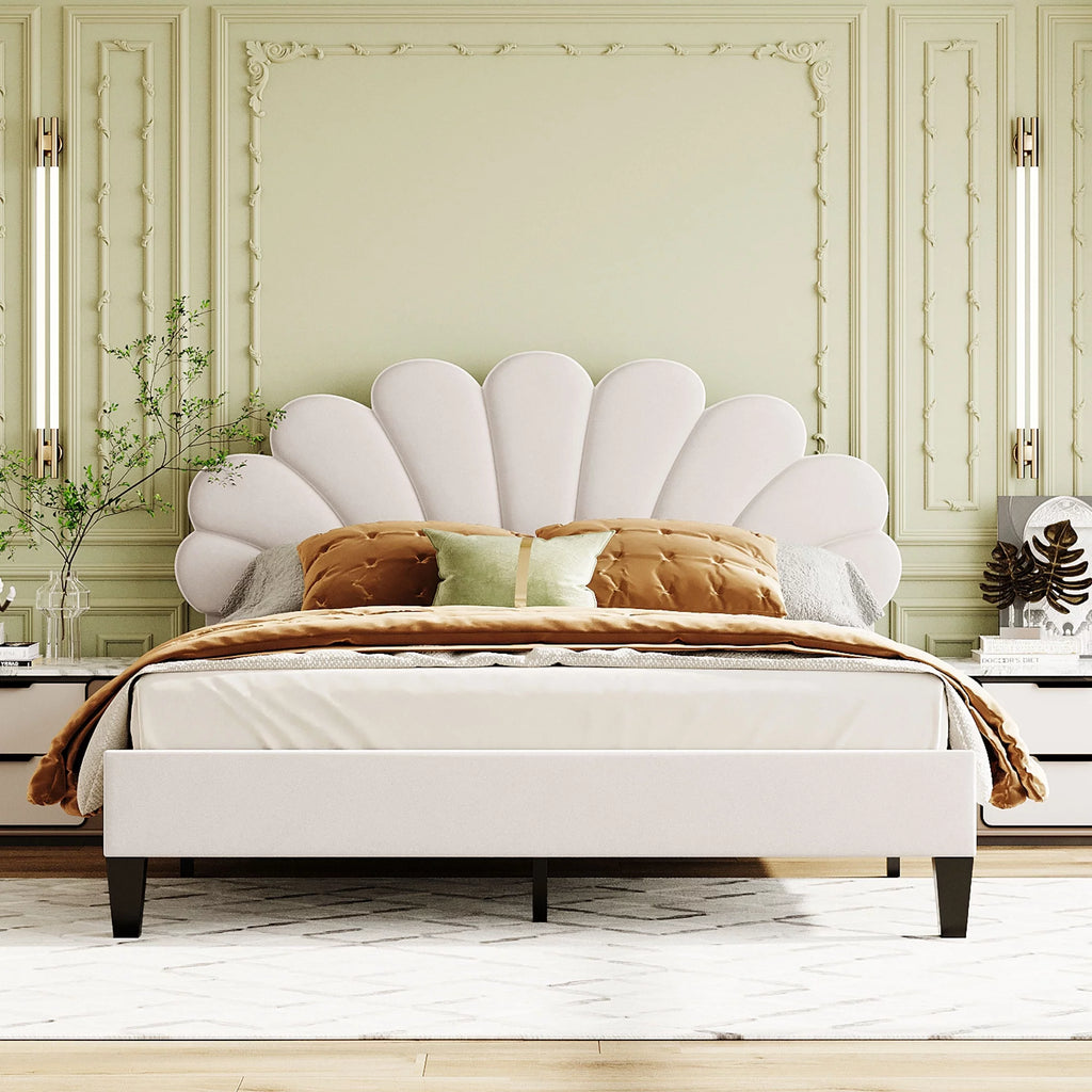 Queen Size Beige Velvet Upholstered Platform Bed with Flower Pattern Headboard A43402