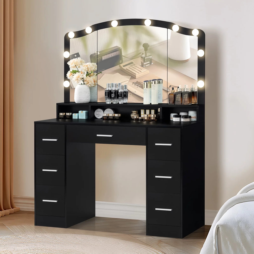 Black Vanity Desk with Lighted Mirror and 7 Drawers M63368