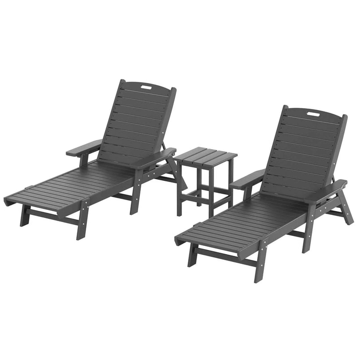 Gray 3PC HDPE Plastic Reclining Chaise Lounge Table Set K76786