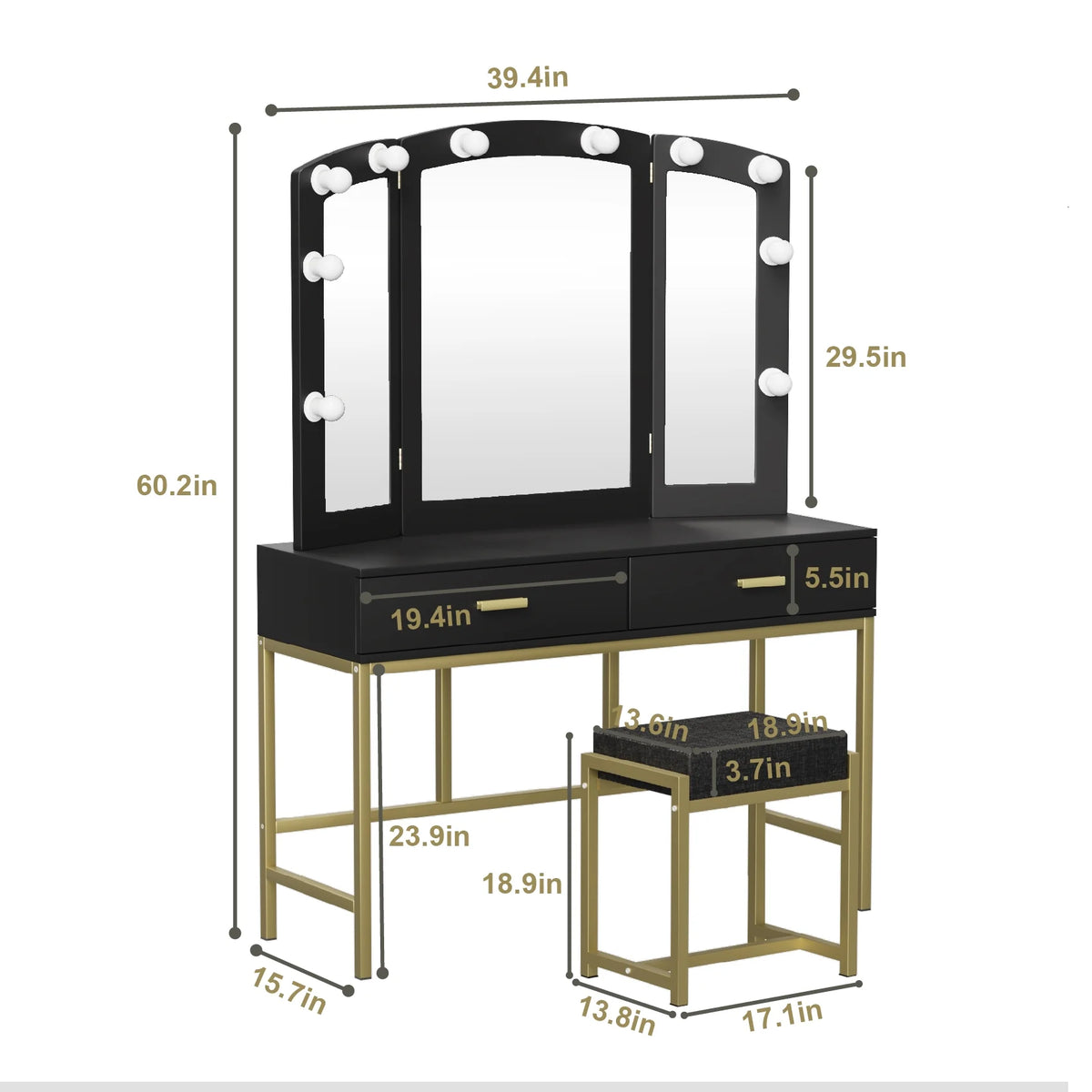 Vanity Table with Lighted Mirror Black M1900