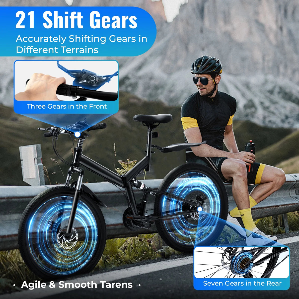 26 Inch 21 Speed Folding Mountain Bike Full Suspension Dual Disc Brakes Black I9483
