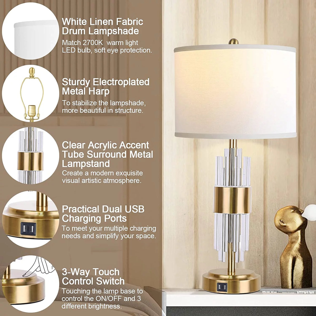 25.5" Gold Metal Touch Control Table Lamp with USB Ports N32395