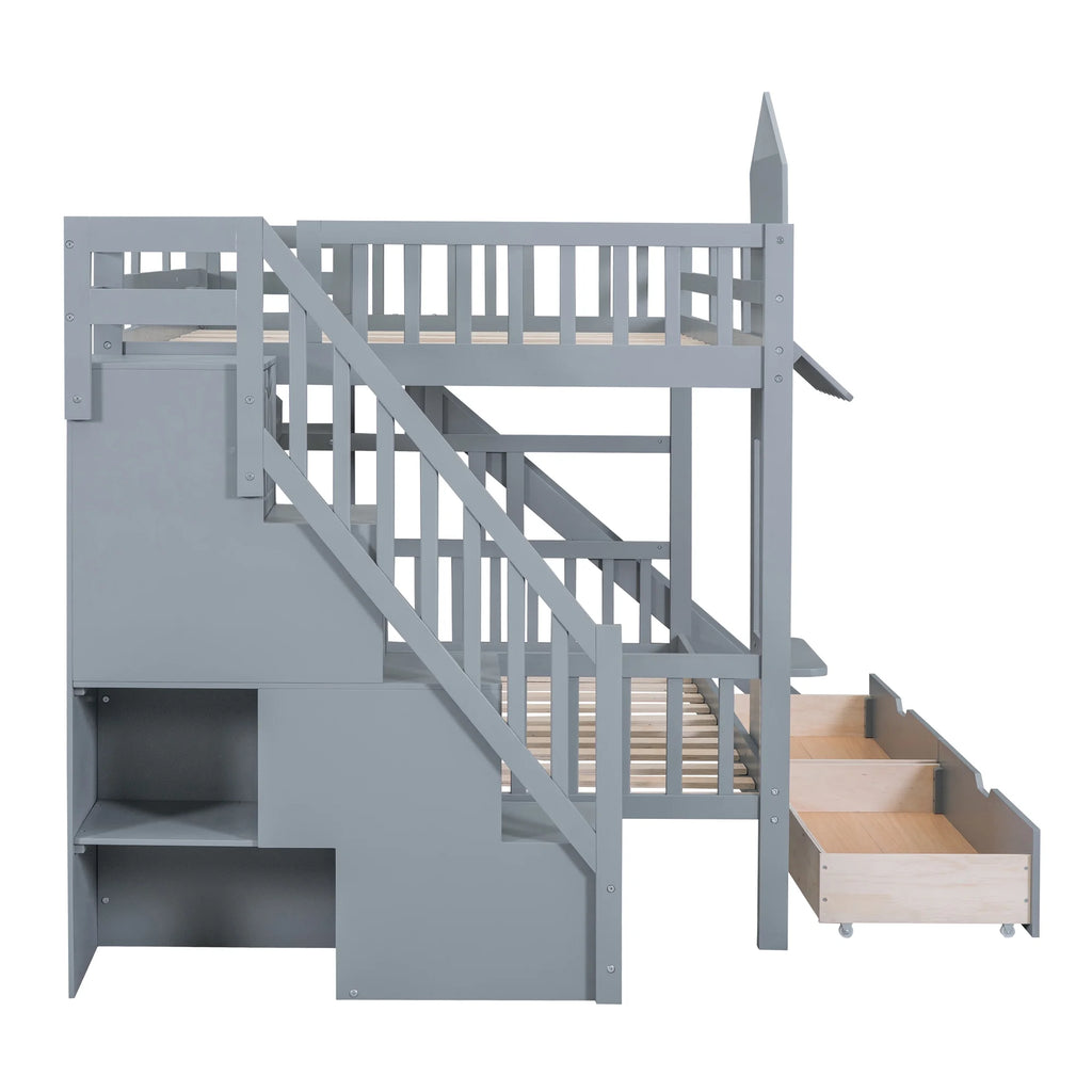Gray Full-Over-Full Bunk Bed with 2 Drawers 3 Shelves and Slide M9404