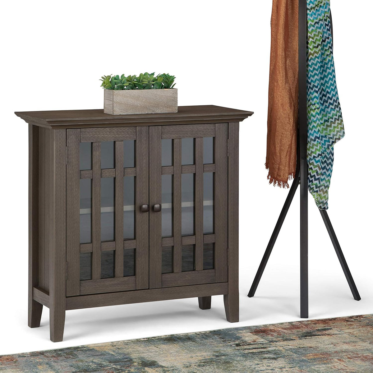 Solid Wood 32 inch Low Storage Media Cabinet with 2 Tempered Glass Doors Z593821