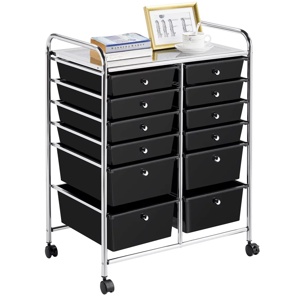 12 Drawer Rolling Storage Cart with Castors, Black E966