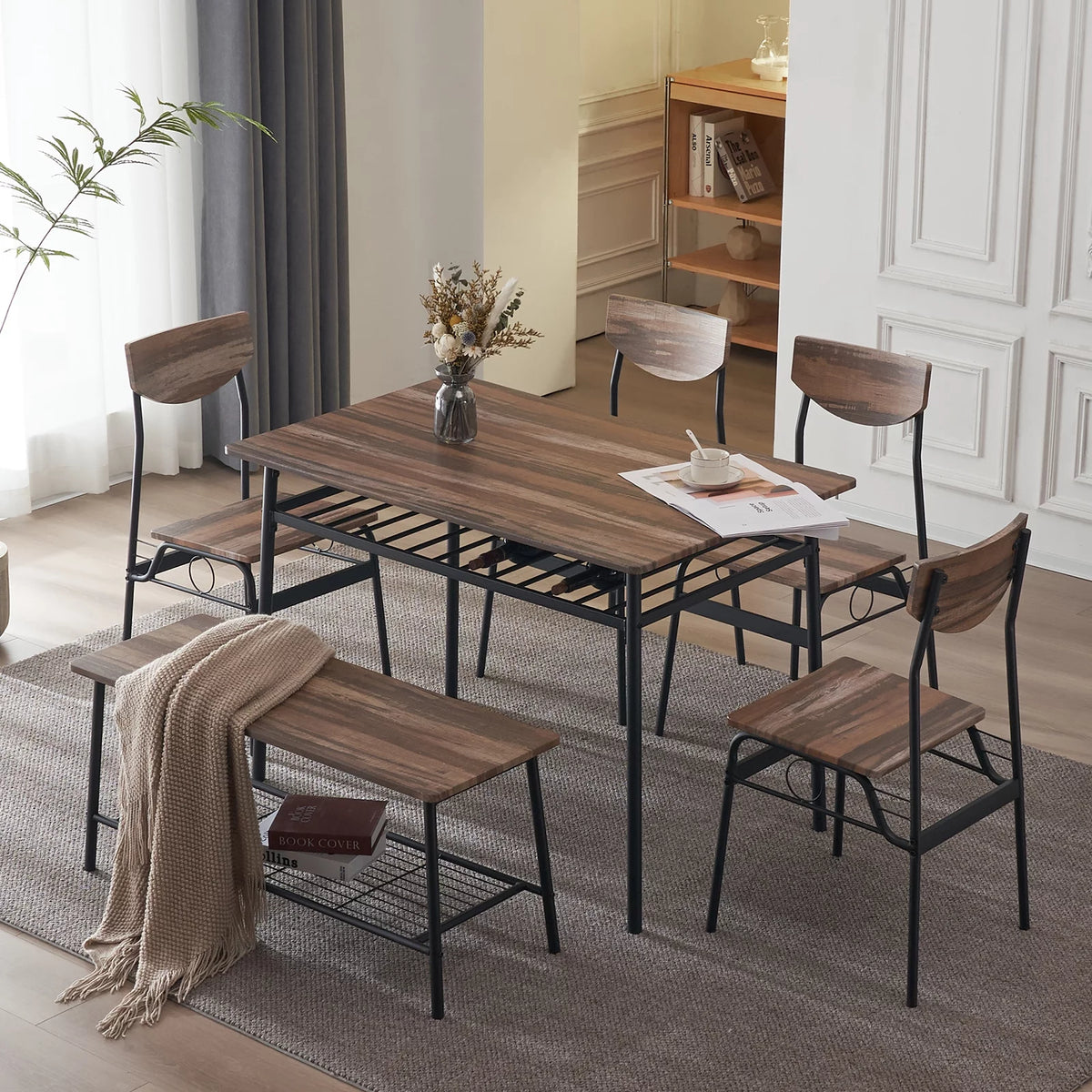6-Piece Dining Room Set with 4 Chairs and 1 Bench F749