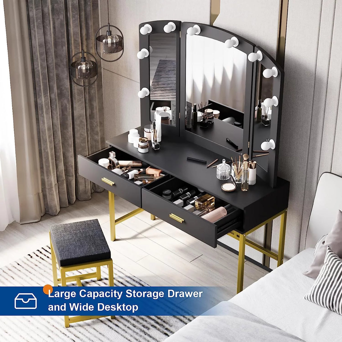 Vanity Table with Lighted Mirror Black M1900