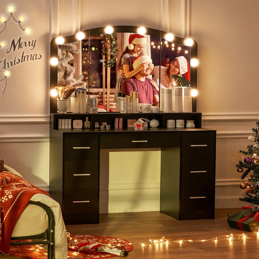 Black Vanity Desk with Lighted Mirror and 7 Drawers M63368