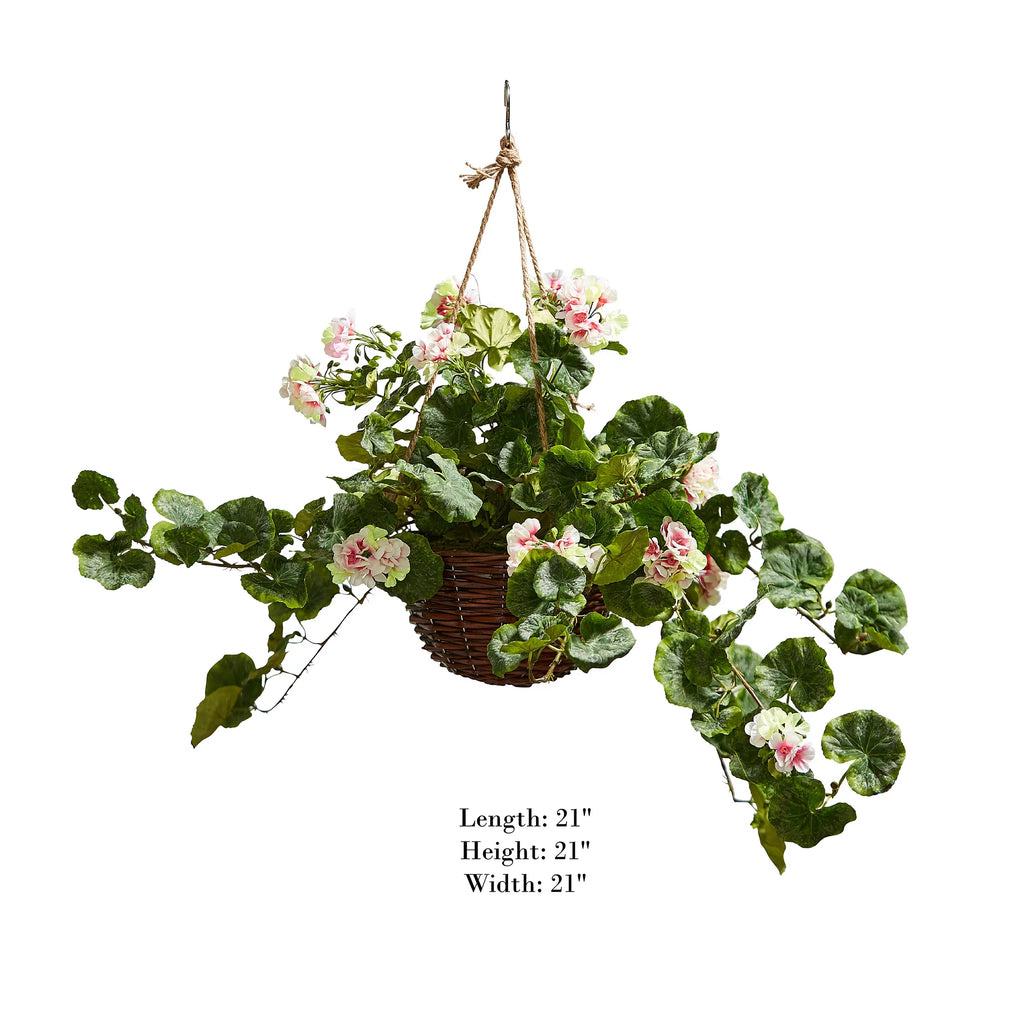 Light Pink Geranium Hanging Faux Flowers with Basket T155