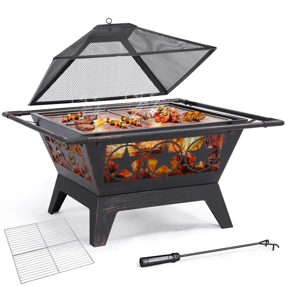 Iron Fire Pit with Mesh Cover Grills Poker N70618