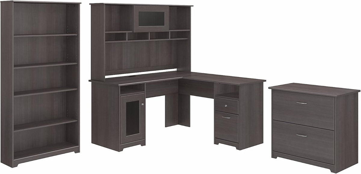 L Shaped Desk with Hutch, File Cabinet and 5 Shelf Bookcase P460468