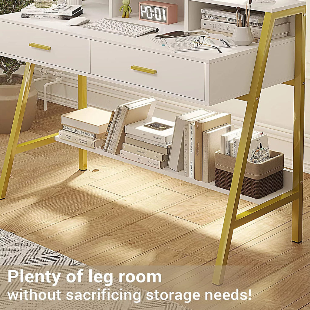 White and Gold Computer Desk with Drawers M463