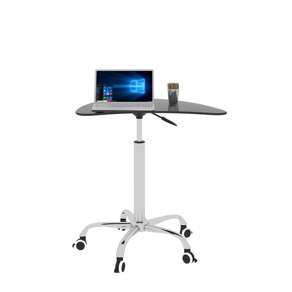 Adjustable Height Black Tempered Glass Table Desk with Lockable Wheels V466