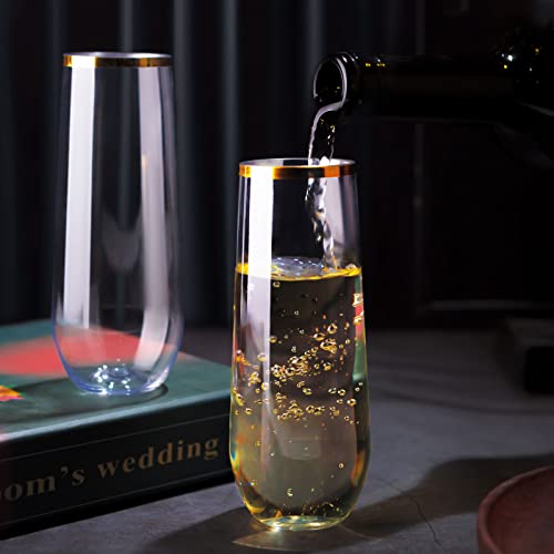 48 Pack 9 Oz Plastic Stemless Champagne Flutes with Gold Rim X6662