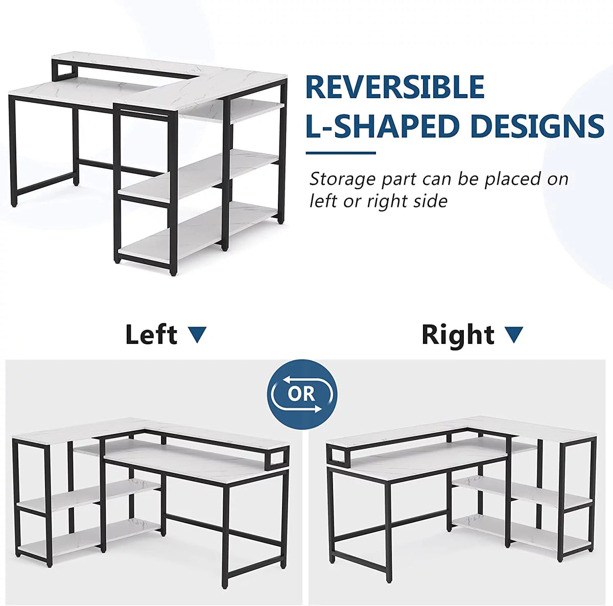 Reversible L Shaped Desk with Hutch and Open Shelves V584177