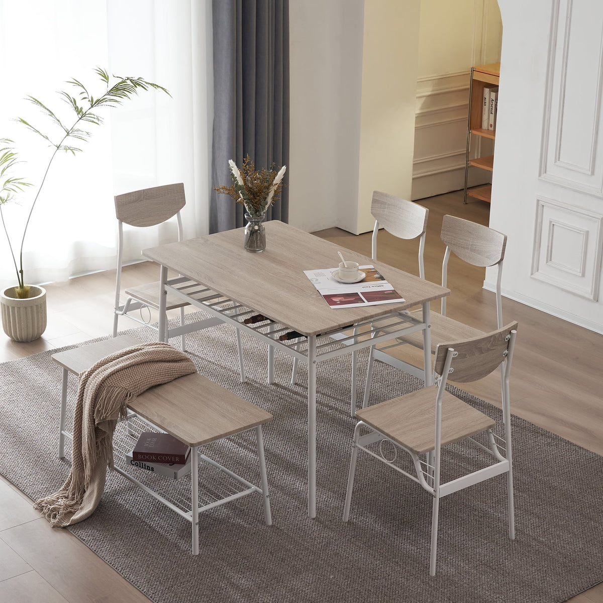 6-Piece Dining Room Set with 4 Chairs and 1 Bench F749