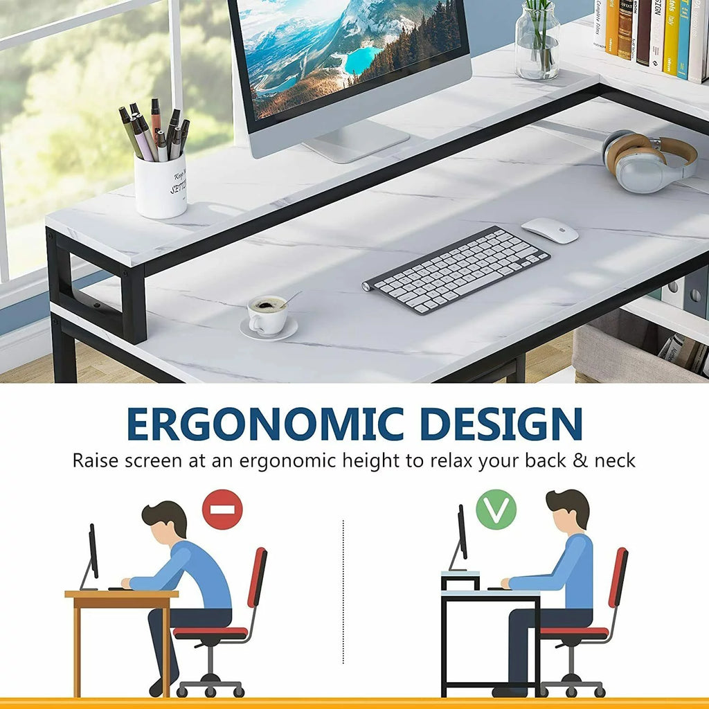 Reversible L Shaped Desk with Hutch and Open Shelves V584177