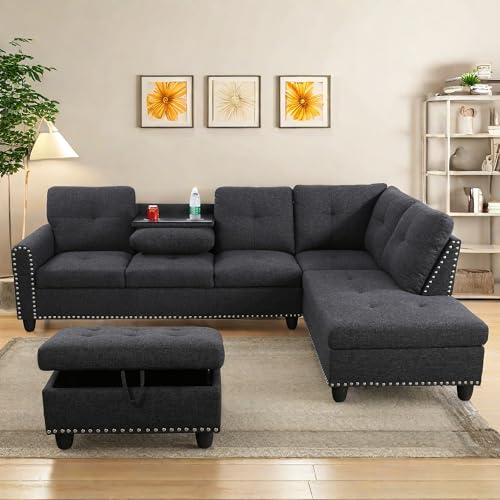 L Shaped Modular Sectional Sofa with Ottoman Storage, Gray C850
