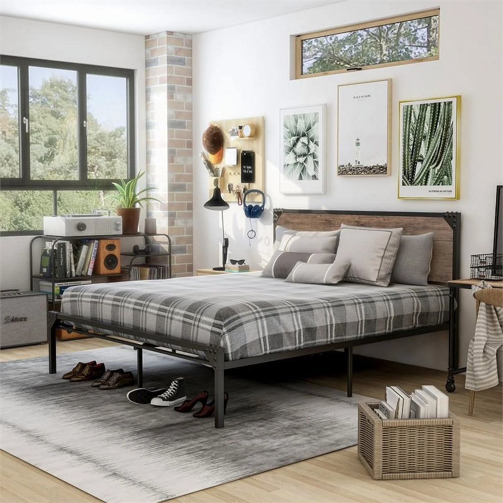 Brown Metal Queen Platform Bed with Memory Foam Mattress Q5765