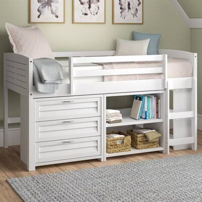 White Solid Wood Twin Loft Bed with Bookcase and Shelves Z691