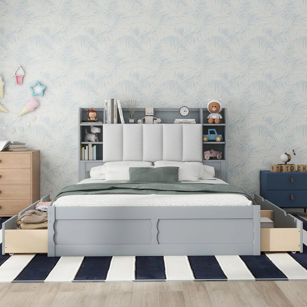 Queen Size Wood Platform Bed Frame with 4 Storage Drawers S4290