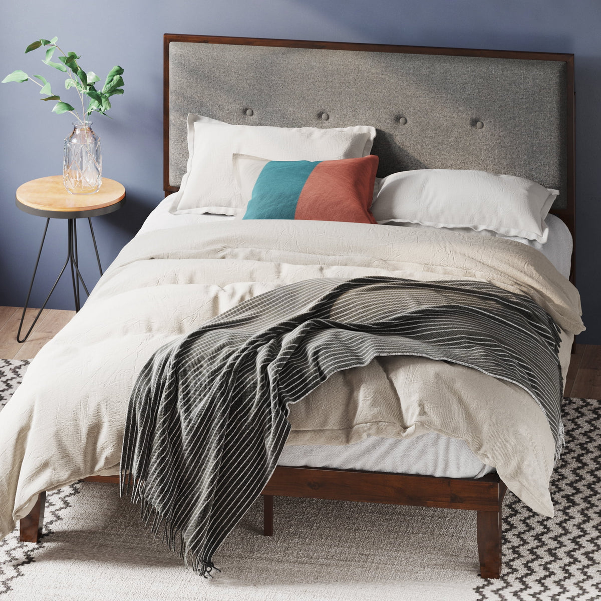 King Wood Platform Bed Frame with Adjustable Upholstered Headboard E948051