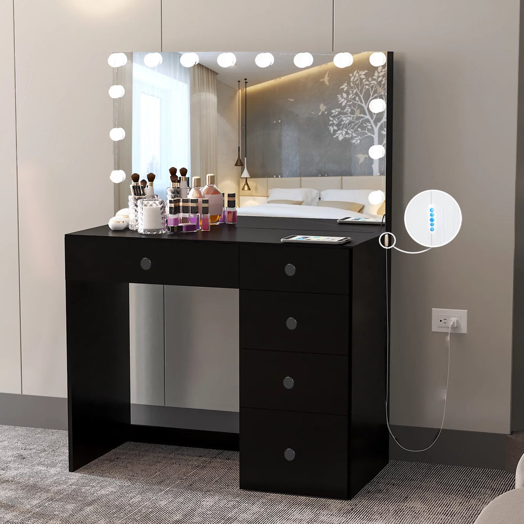 Black Makeup Vanity Table with 5 Drawers Y383