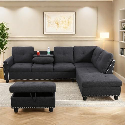 L Shaped Modular Sectional Sofa with Ottoman Storage, Gray C850