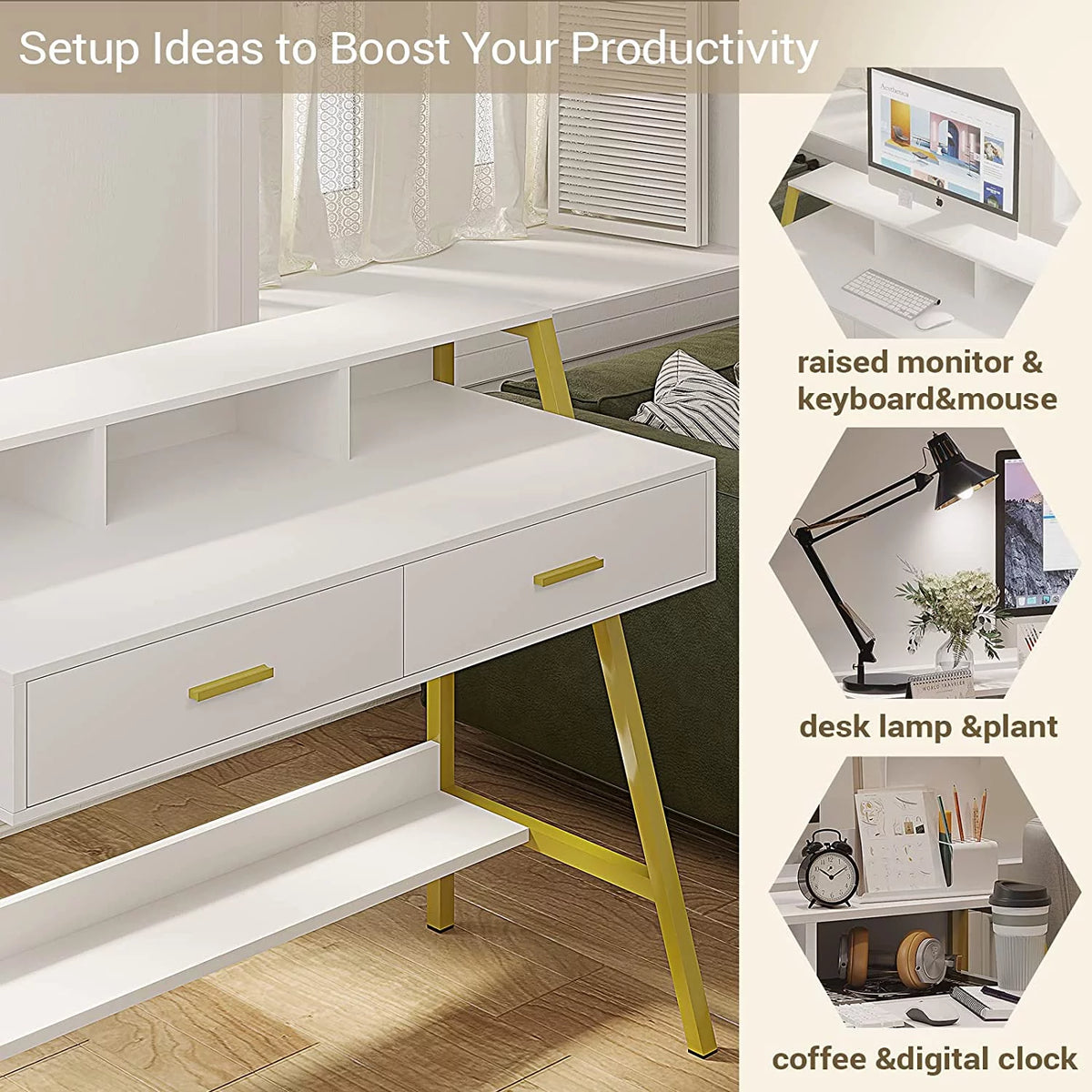 White and Gold Computer Desk with Drawers M463