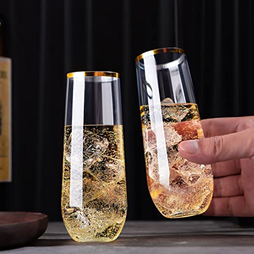 48 Pack 9 Oz Plastic Stemless Champagne Flutes with Gold Rim X6662