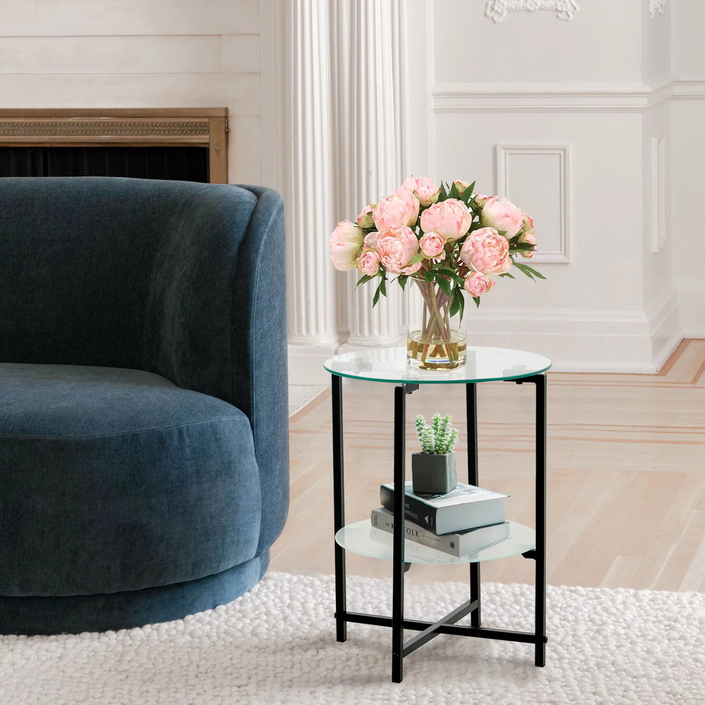 2-Layer Tempered Glass Round End Table C366358