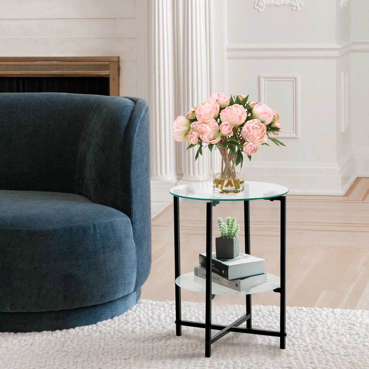 2-Layer Tempered Glass Round End Table C366358