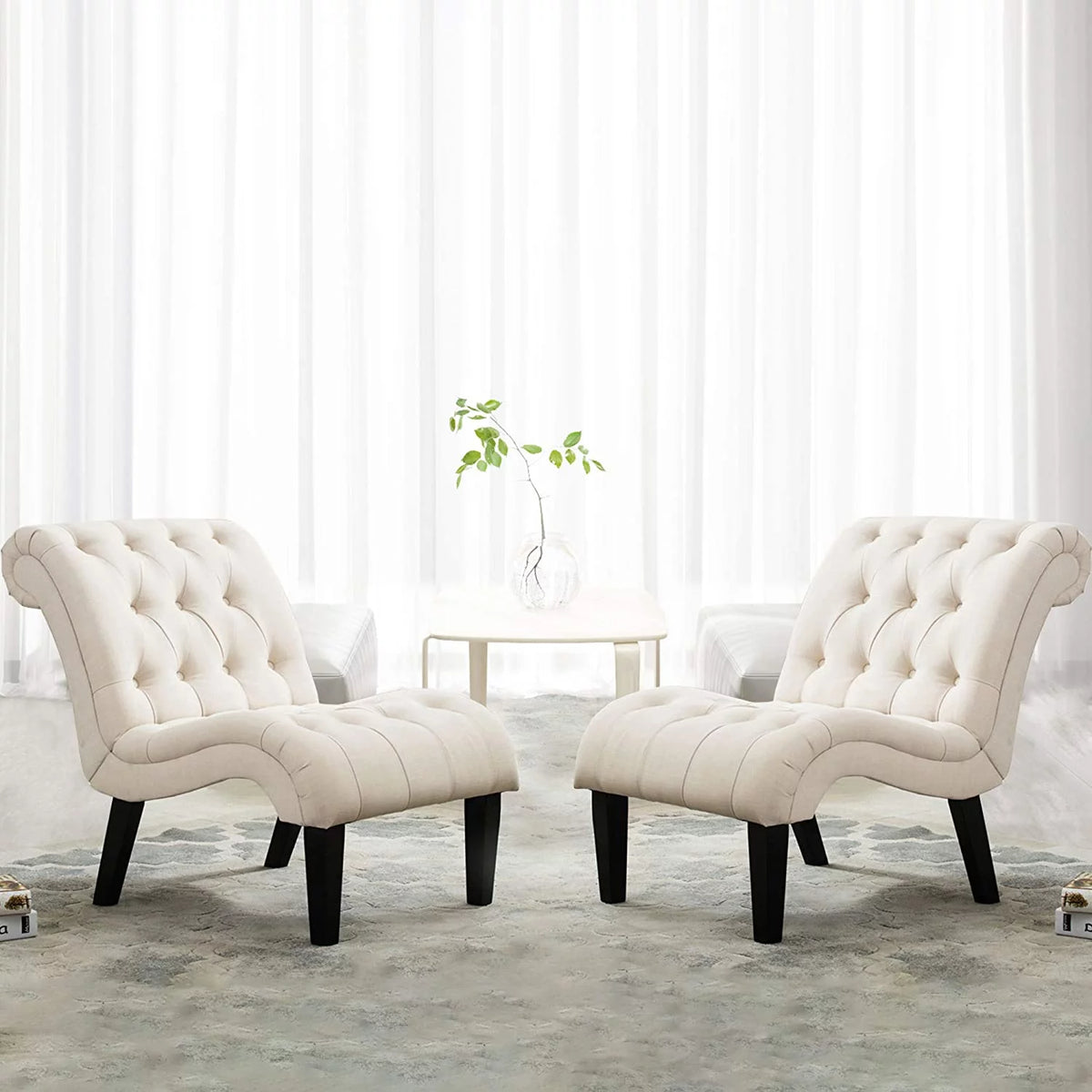 Accent Chairs Set of 2 Upholstered Tufted Curved Backrest Fabric with Wood Legs Gray X8377