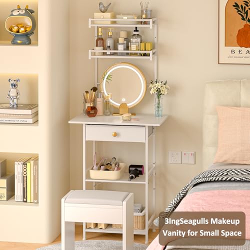 White Compact Vanity Desk with Fabric Drawers J790446