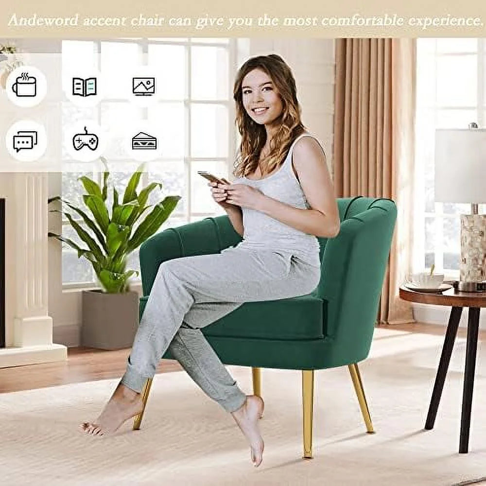 Green Velvet Accent Chair with Golden Metal Legs F382895