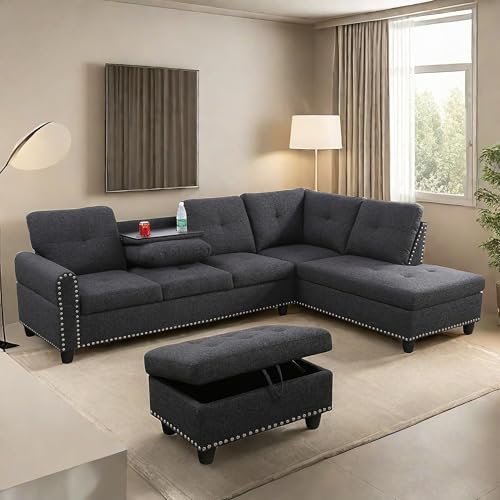 L Shaped Modular Sectional Sofa with Ottoman Storage, Gray C850
