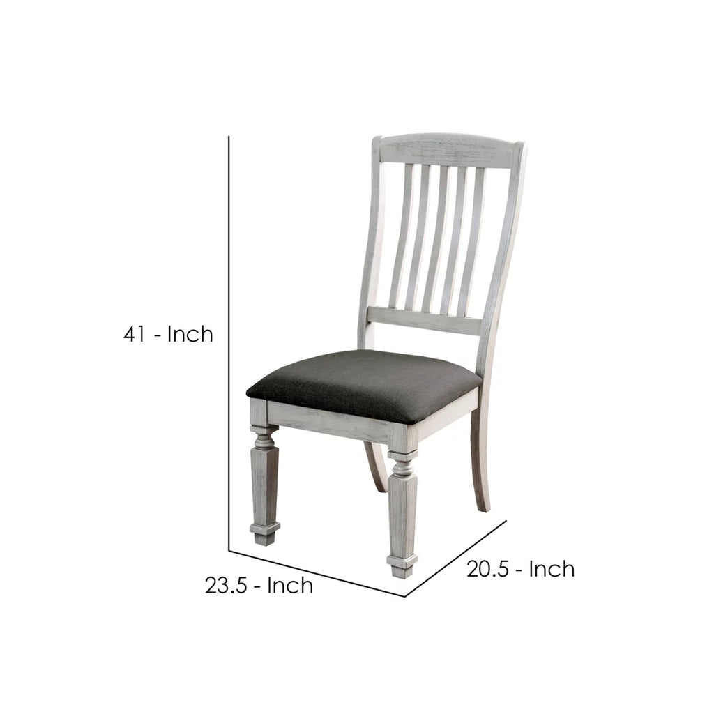 Wooden Side Chair with Fabric Upholstered Padded Seat Pack of Two Antique White and Gray C808
