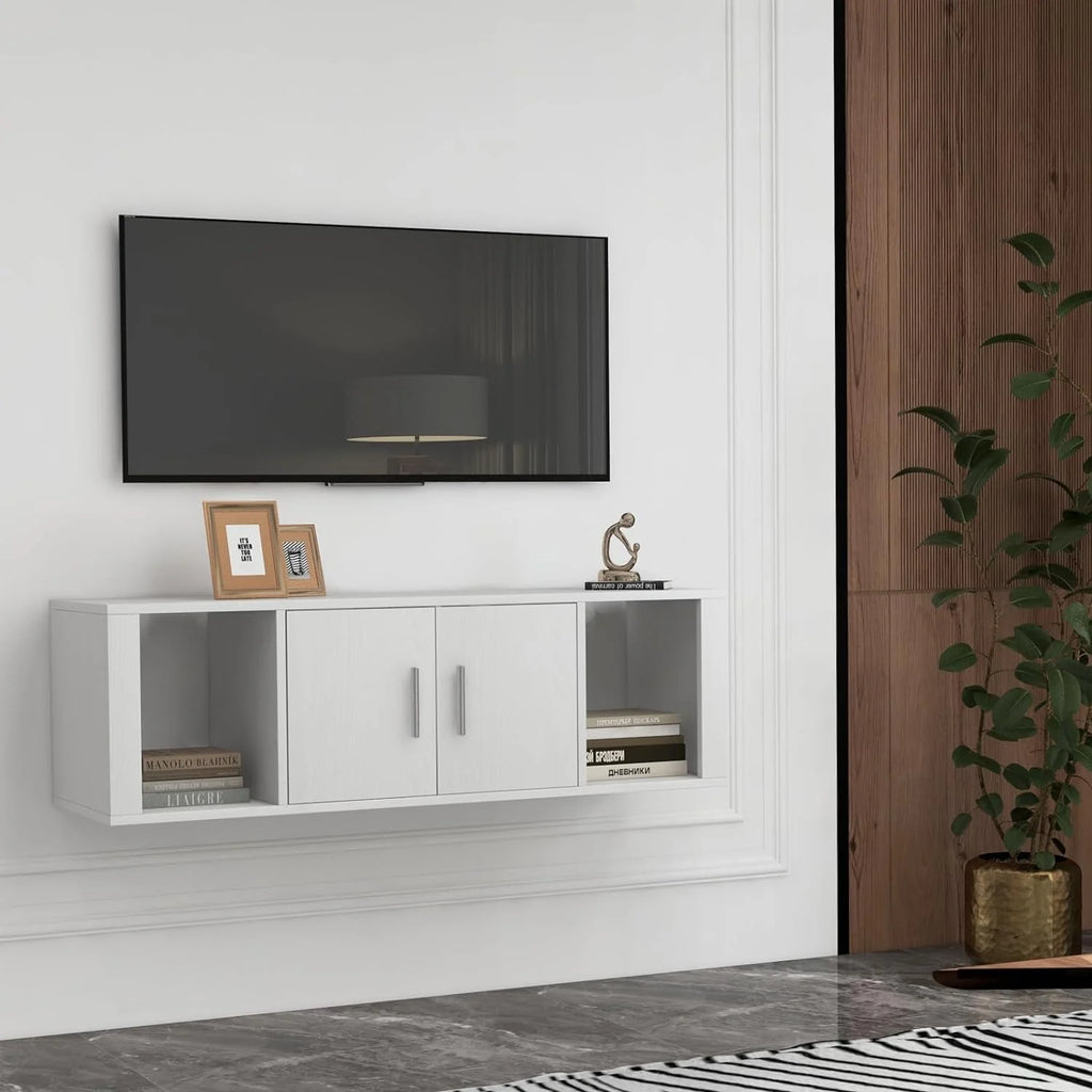 Wall Mounted Storage Cabinet 2 Cube Floating Desk with 2 Doors and 2 Open Shelves White F709629