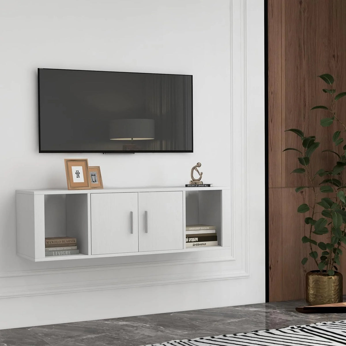 Wall Mounted Storage Cabinet 2 Cube Floating Desk with 2 Doors and 2 Open Shelves White F709629
