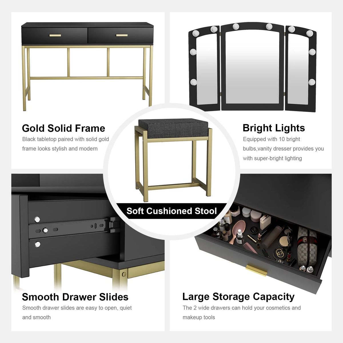 Vanity Table with Lighted Mirror Black M1900