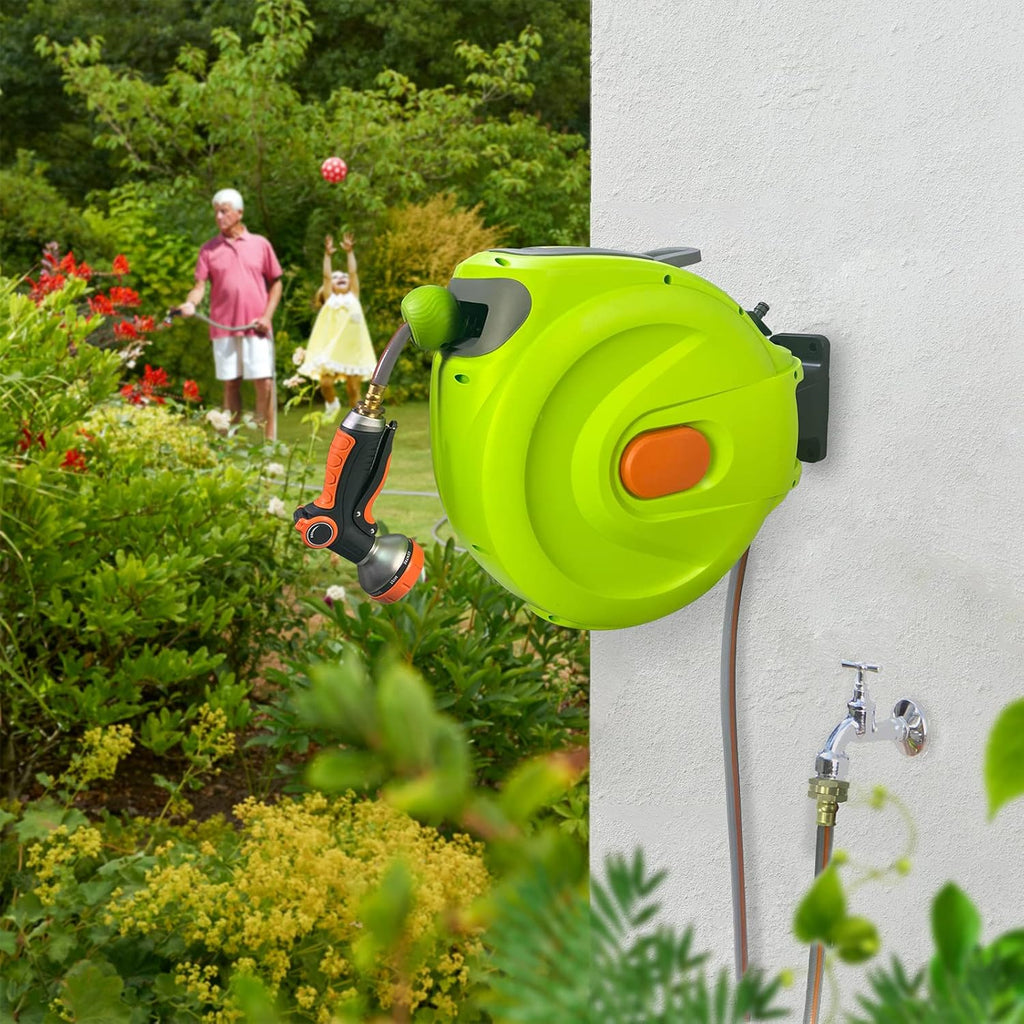 Retractable Garden Hose Reel, 1/2'' x 100+10 FT Wall Mounted with 8 Patterns Nozzles K897431