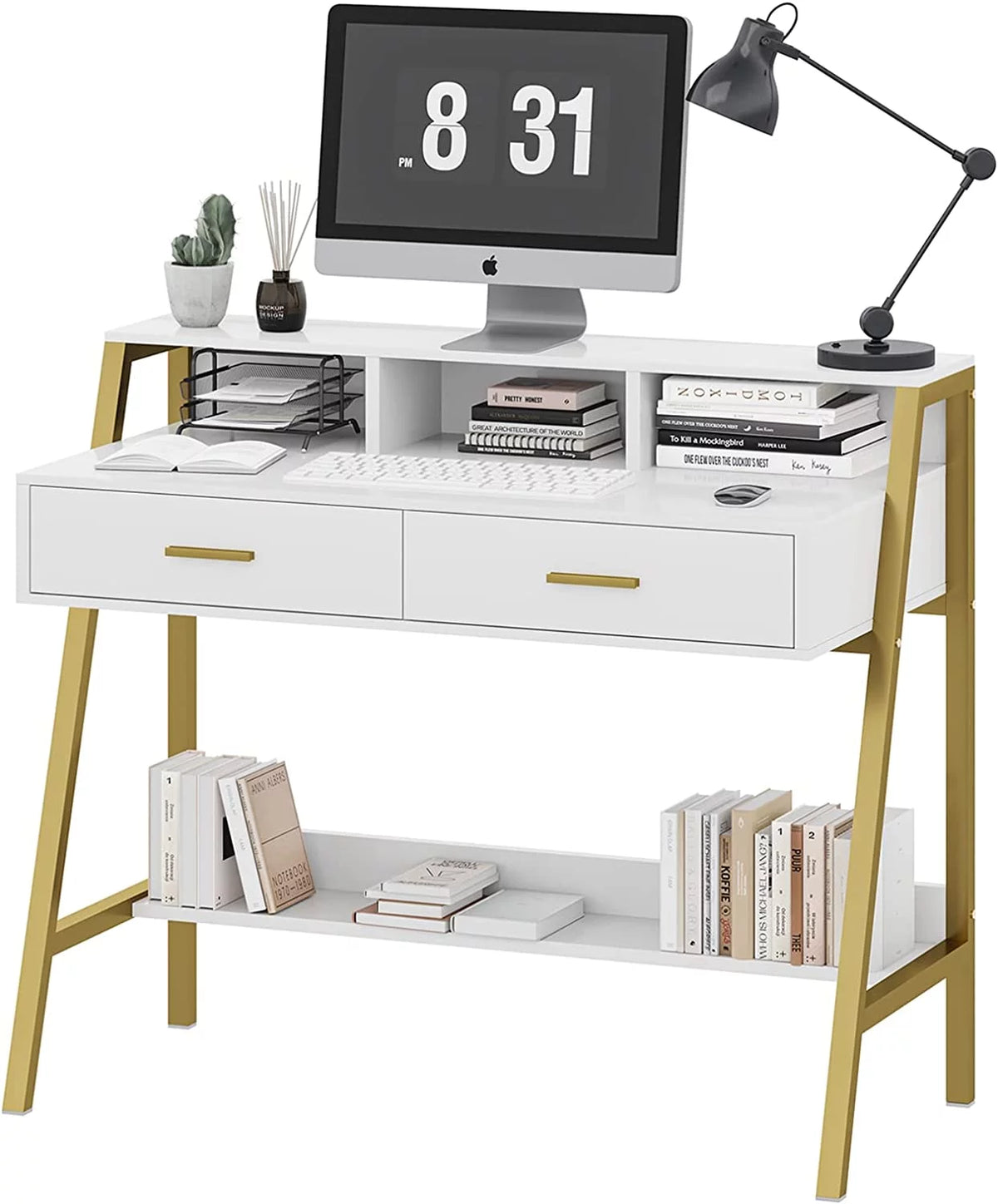 White and Gold Computer Desk with Drawers M463